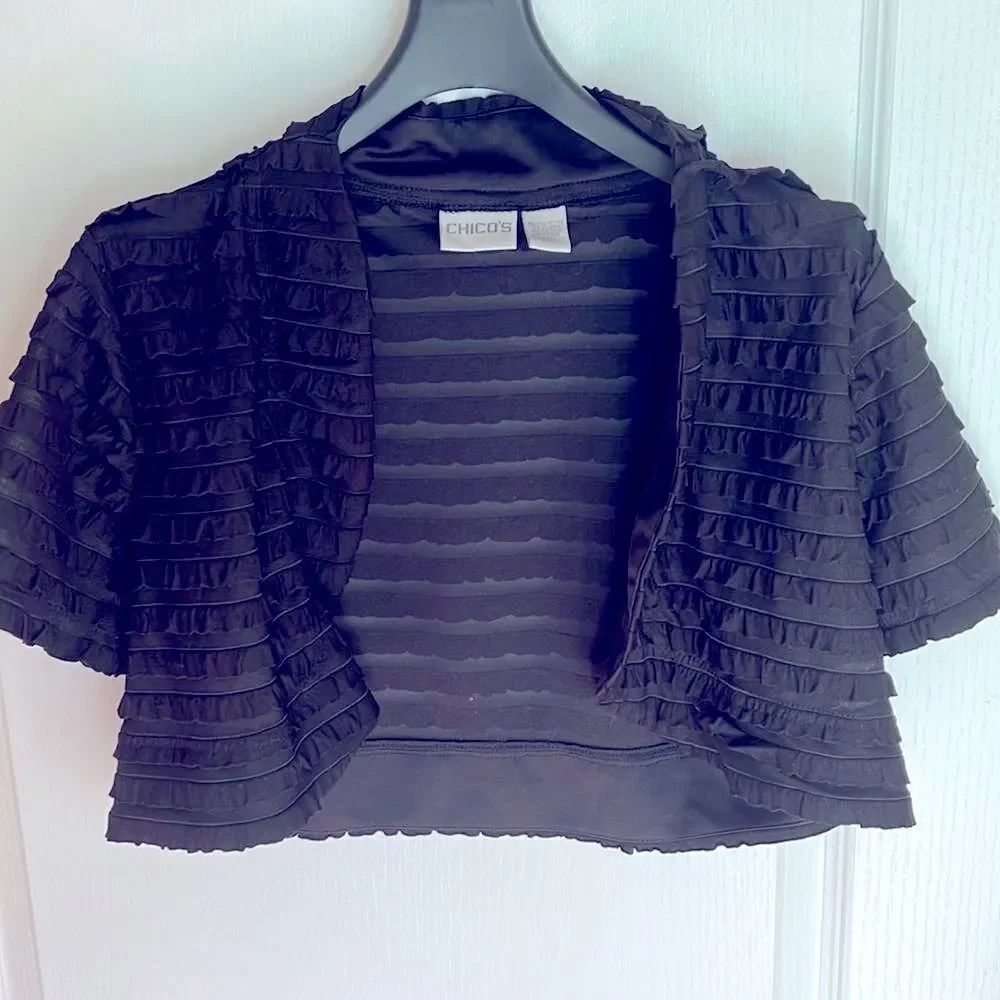 Chicos Black Sheer Striped Bolero Cropped Cardigan